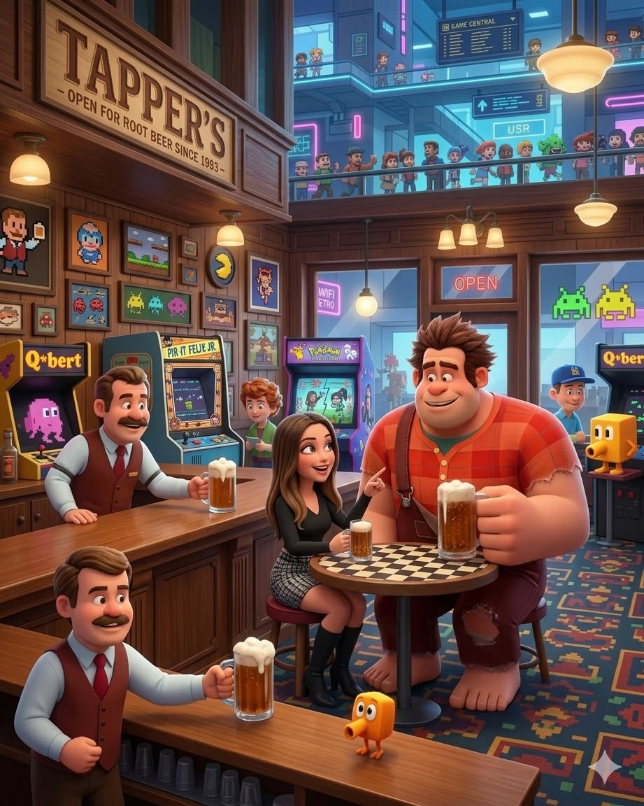 Cozy retro arcade tavern scene